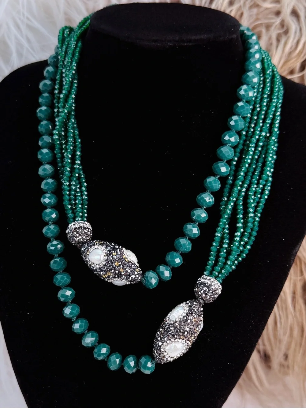 Emerald Green Multi Strand Faceted Bead Ornate Slip On Statement Necklace